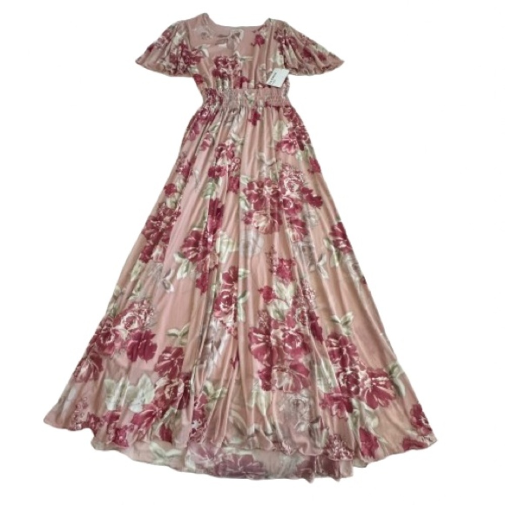 NWT Enfocus Studio Size 6 Pink Pleated Smocked Maxi Dress Short Fluttered Sleeve - Picture 3 of 16